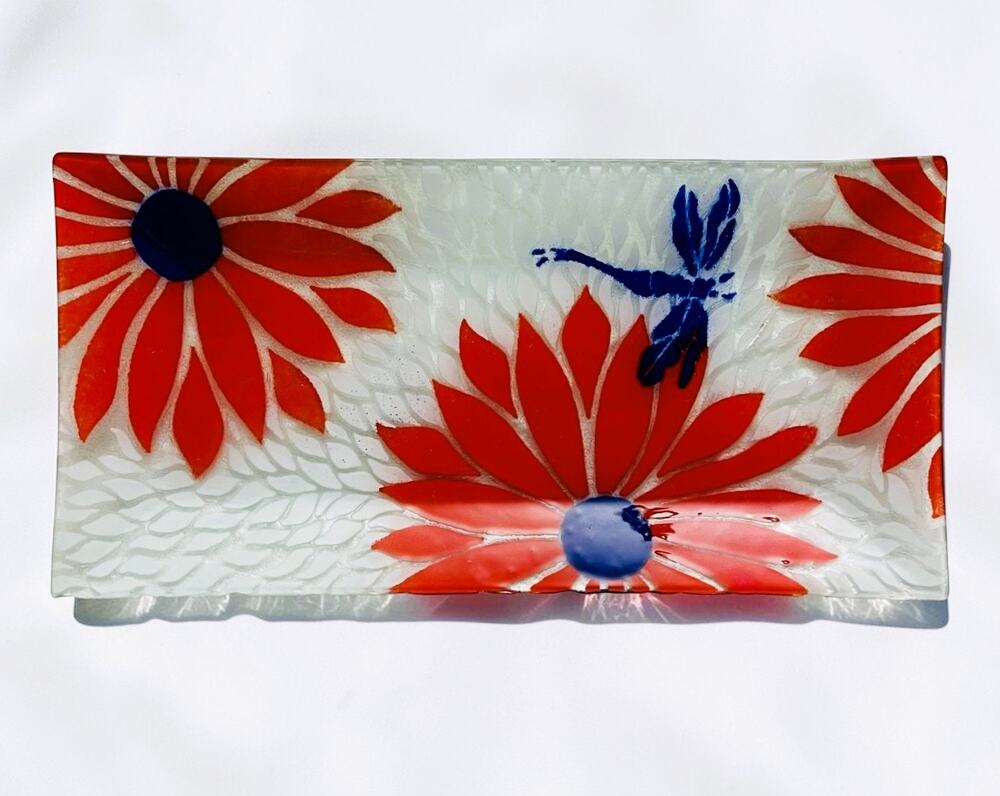 Vintage Sydenstricker Fused Glass Platter, Cosmos Flowers & Dragonfly Art 1960s
